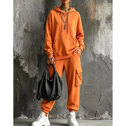 Autumn Winter New Casual Solid Color Hooded Sweatshirt Trousers Set 2026 Fashion Pocket Loose Sports Trousers Female 2 Piece Set