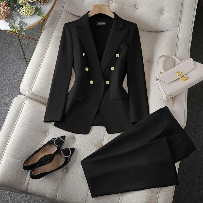Korean Fashion 2 Piece Set Turn Down Collar Blazers Long Sleeve Slim Fit Pants Women Suits Office Lady Wear Pants Sets for Women