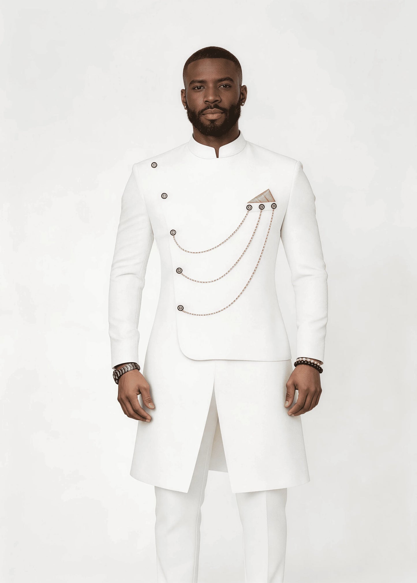 Men’s Solid White Gold Chain Decor Asymmetrical Formal Wear Set Stand Collar 2 Piece Wedding Groom Tunic Jacket & Pants Prom Hom