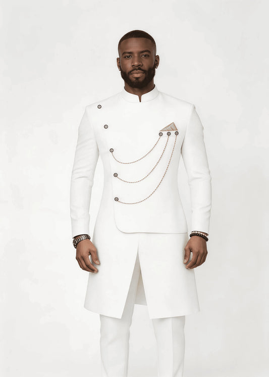 Men’s Solid White Gold Chain Decor Asymmetrical Formal Wear Set Stand Collar 2 Piece Wedding Groom Tunic Jacket & Pants Prom Hom