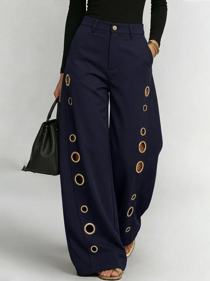 Bonboho Women's Solid Color Eyelet High Waist Wide Leg Pants 2026 Casual Streetwear Straight Leg Trousers Daily Wear Bottoms