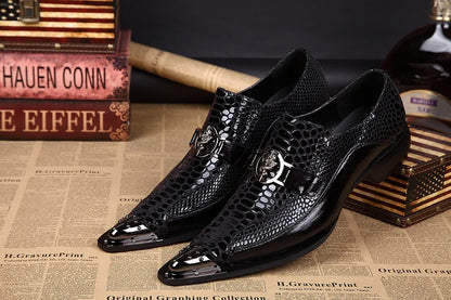 Italian Style Gentleman Dress Shoes Men black Metal Pointed Toe Snake Grain Genuine Leather Shoes Business Party Shoes Men Flat