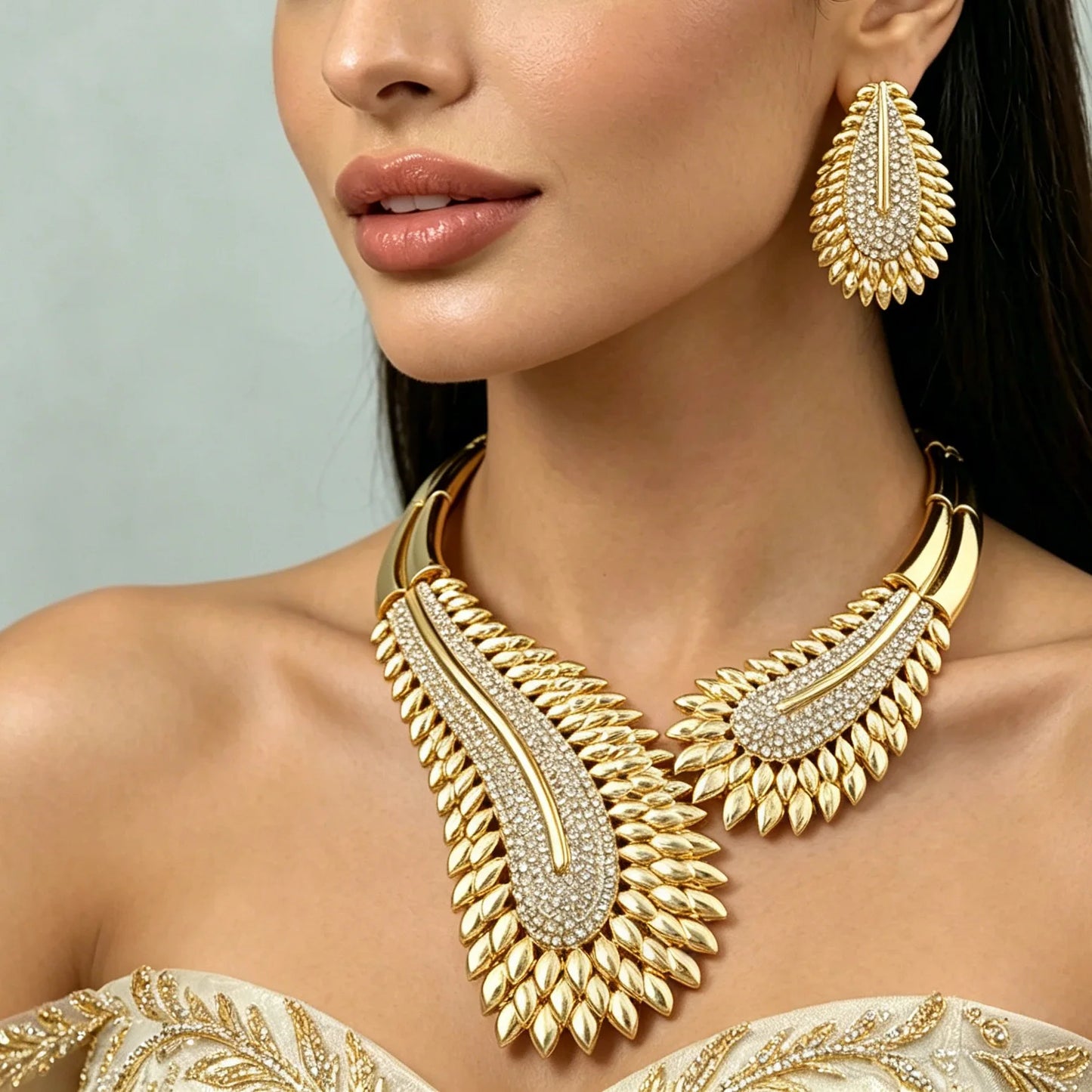 Trendy Colorful Jewelry Set for Women Zircon Collor Earrings and Necklace Large Gold Plated Bracelet Ring New Style Jewelry Gift