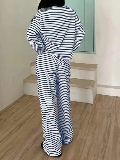 New Simple Striped Suit Simple  Loose Comfortable Lazy Style Long-sleeved Round Neck Pullover Top Lace-up Trousers Two-piece Set