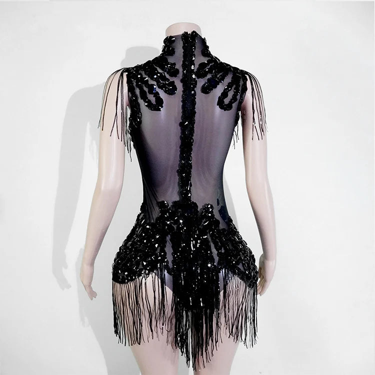 Sexy Mesh Sheer Black Rhinestone Tassel Bodysuit Women Singer Dancer Stage Show Outfit Nightclub Leotard Party Performance Wear