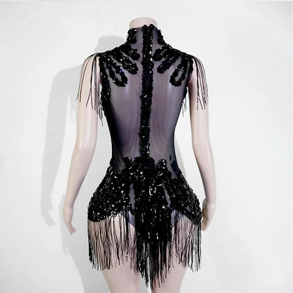 Sexy Mesh Sheer Black Rhinestone Tassel Bodysuit Women Singer Dancer Stage Show Outfit Nightclub Leotard Party Performance Wear