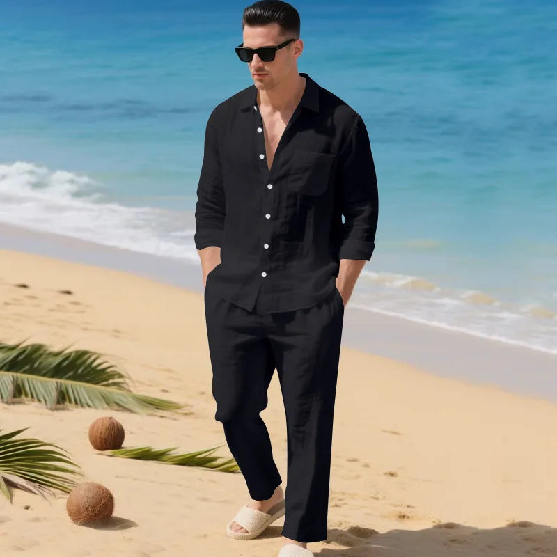The 2026 Summer Men's linen short-sleeved shirt set is a two-piece long pants set suitable fordaily casual beach vacations 2Pcs