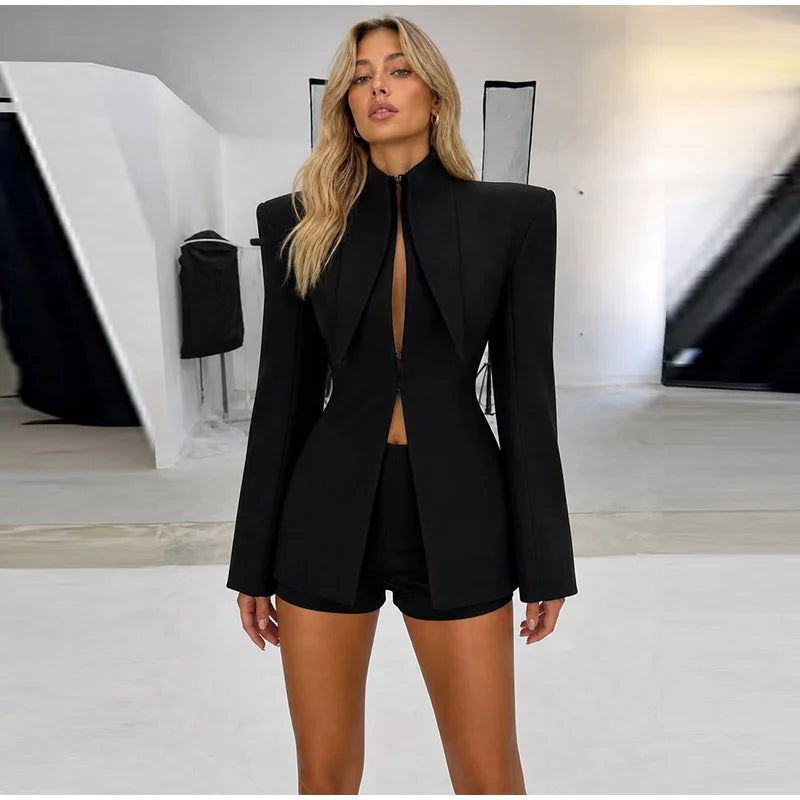 Elegant Blazer Women's Top Shorts Suit Long Sleeve Stand Collar Solid Top Short Pants 2026 Summer Autumn Chic Female Outfits