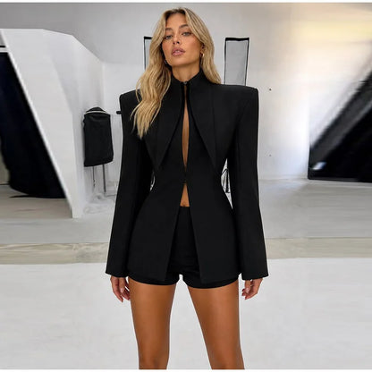 Elegant Blazer Women's Top Shorts Suit Long Sleeve Stand Collar Solid Top Short Pants 2026 Summer Autumn Chic Female Outfits