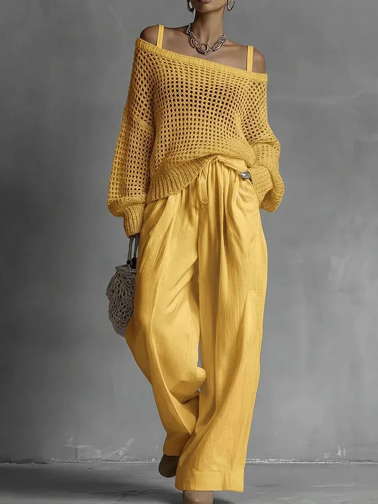 Cotton Casual Pants Sets for Women's Solid Long Sleeve hollow out knit Top Summer Outfit Elastic Waist OL Workwear Wide Leg Suit