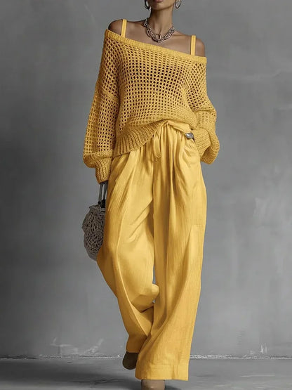 Cotton Casual Pants Sets for Women's Solid Long Sleeve hollow out knit Top Summer Outfit Elastic Waist OL Workwear Wide Leg Suit