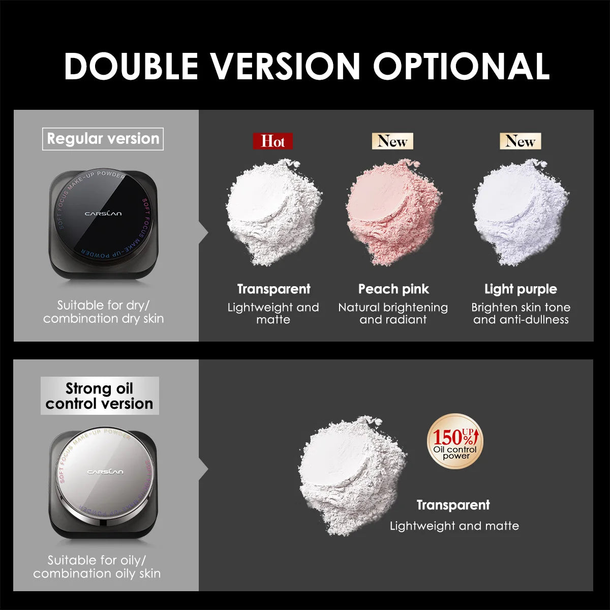 CARSLAN Black Magnetic Translucent Loose Setting Powder Makeup Waterproof Long Lasting Matte Oil Control Finishing Face Powder