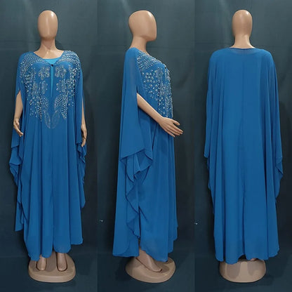 Muslim Dress for Women Loose Batwing Sleeved Beaded Long Abaya Dress Kaftan Abayas Islamic Robe Two Piece Set
