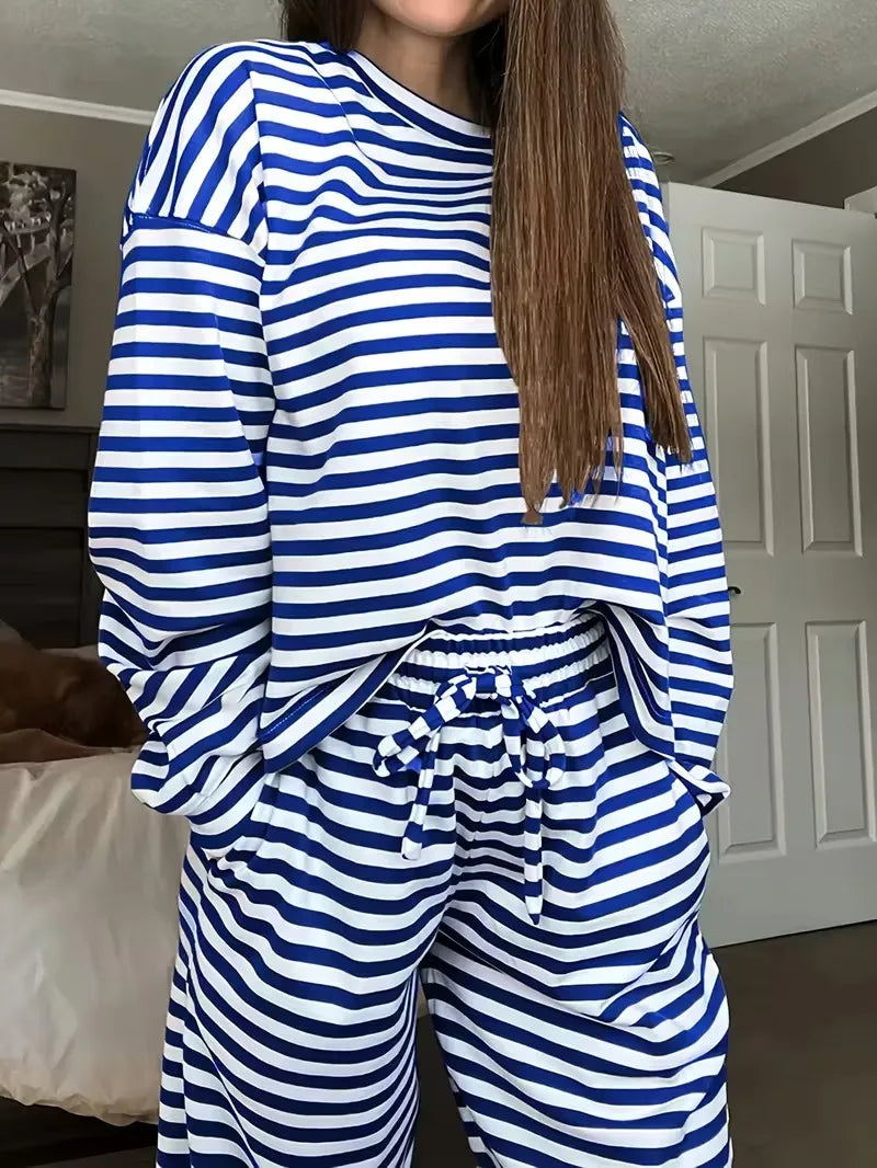 New Simple Striped Suit Simple  Loose Comfortable Lazy Style Long-sleeved Round Neck Pullover Top Lace-up Trousers Two-piece Set