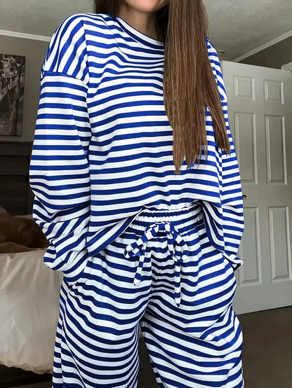 New Simple Striped Suit Simple  Loose Comfortable Lazy Style Long-sleeved Round Neck Pullover Top Lace-up Trousers Two-piece Set