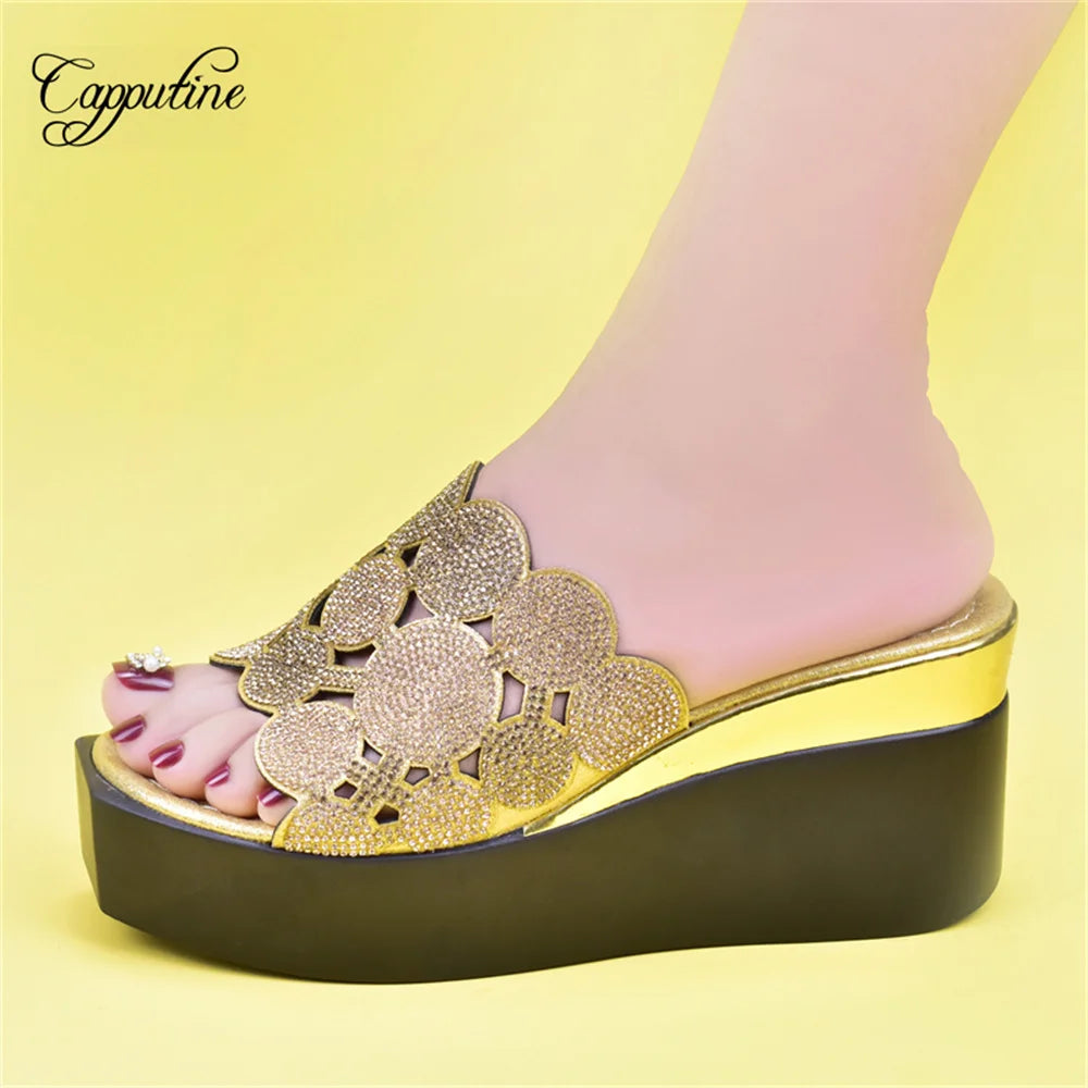 Gold Women Wedge High Heels Shoes Fashion Nigerian Ladies Summer Stones Slippers African Pumps Pantoufle Femme Pantuflas 2022-3