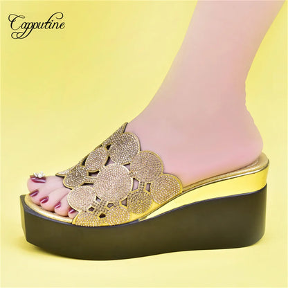 Gold Women Wedge High Heels Shoes Fashion Nigerian Ladies Summer Stones Slippers African Pumps Pantoufle Femme Pantuflas 2022-3