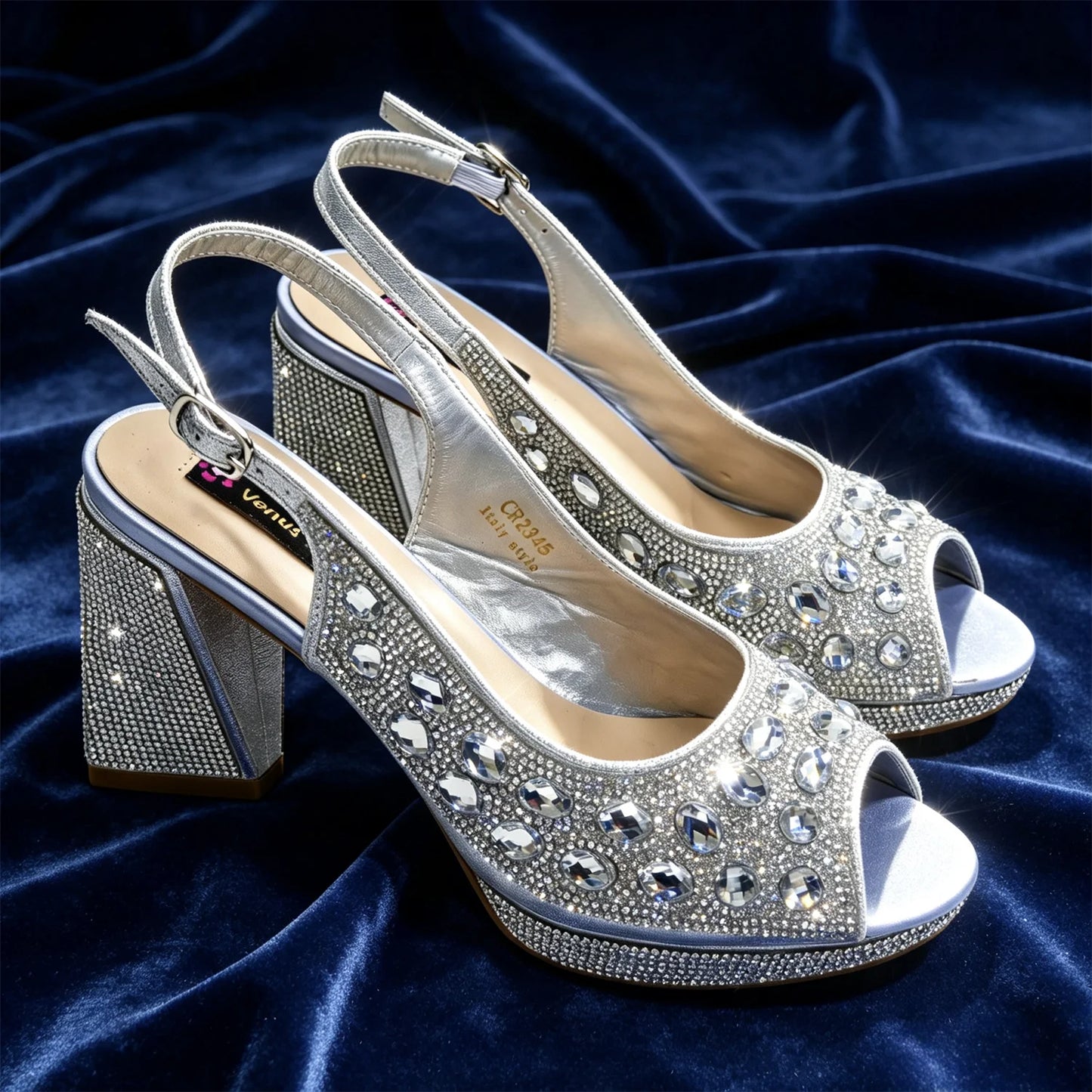 Venus Chan Elegant Gold Striped Peep Toe High Heels and Matching Bag Set – Rhinestone Decor for Parties and Weddings