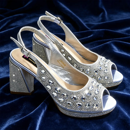 Venus Chan Elegant Gold Striped Peep Toe High Heels and Matching Bag Set – Rhinestone Decor for Parties and Weddings