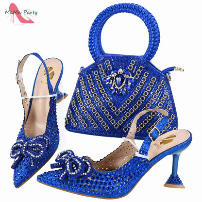 Purple Color New Arrivals Italian Design Nigerian Women Shoes and Bag Set Pointed Toe Slipper with Shinning Crystal for Party