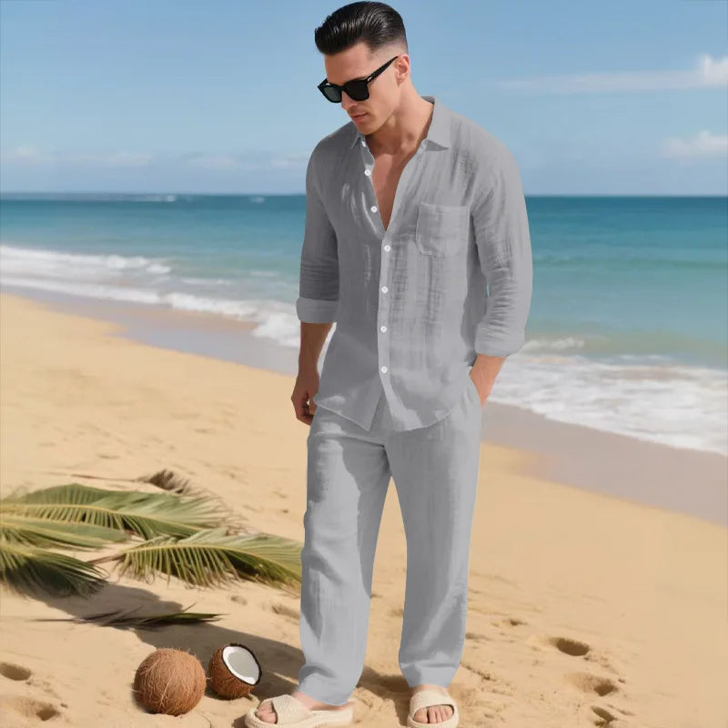 The 2026 Summer Men's linen short-sleeved shirt set is a two-piece long pants set suitable fordaily casual beach vacations 2Pcs