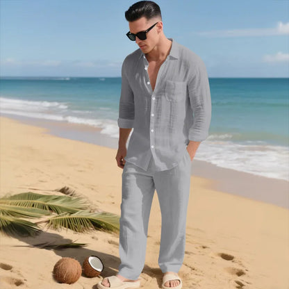 The 2026 Summer Men's linen short-sleeved shirt set is a two-piece long pants set suitable fordaily casual beach vacations 2Pcs