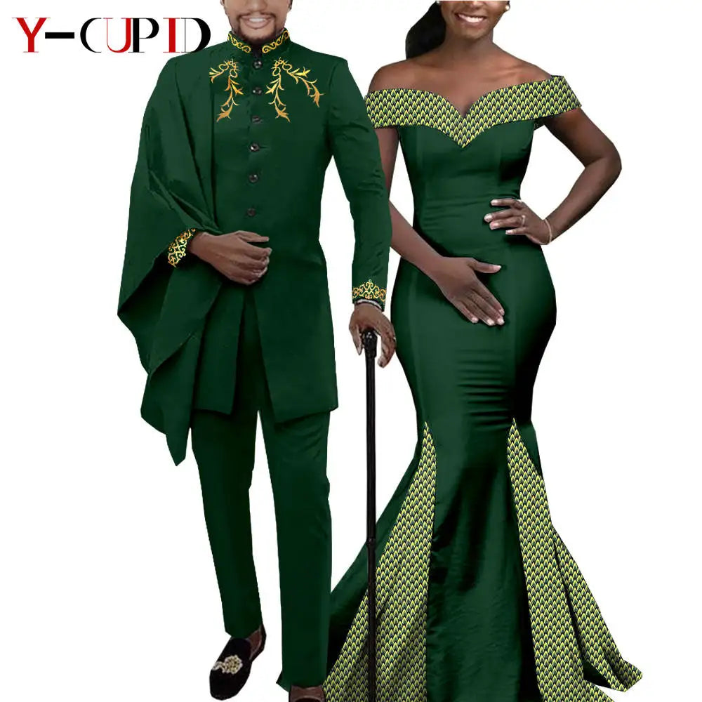 African Couple Matching Clothes for Wedding Women Slim Mermaid Dress Bazin Riche Men Irregular Jacket Pant Sets with Hat Y23C011