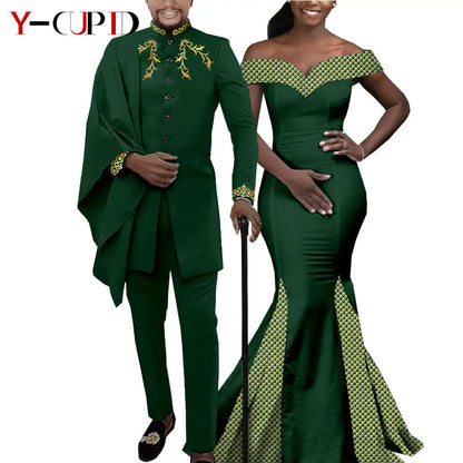 African Couple Matching Clothes for Wedding Women Slim Mermaid Dress Bazin Riche Men Irregular Jacket Pant Sets with Hat Y23C011