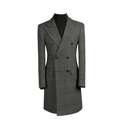 Autumn Winter Houndstooth Men's Long Coat Double Breasted Classic Jacket for Wedding Formal Blazers Groom Business Tuxedos