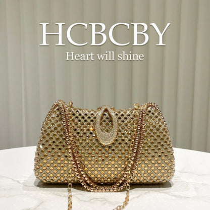 Gold sparkling luxury full diamond box dinner bag, women's fashion temperament high-end handbag clutch