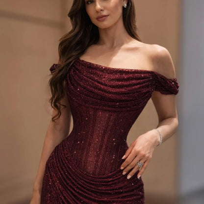Burgundy Off Shoulder Prom Dresses with Glitter Fabric Ruched Mermaid Silhouette Customized Formal Evening vestidos de gala