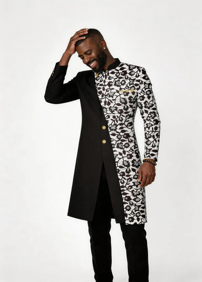 Men’s Black Solid & B&W Floral Patchwork Formal Wear Set Stand Collar 2 Piece Wedding Groom Tunic Jacket & Pants Prom Homecoming