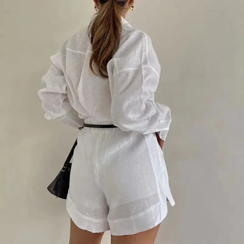 Women's Long Sleeve 2-Piece Set Casual Button Detail Shorts Outfit with Shirt Top Summer Fashion Female Suit