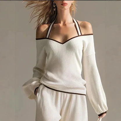 Women Sexy Off-shoulder Long-sleeved T-shirt Trousers 2piece Set Fashion Loose Elegant Color-blocked Pocket Trousers Female Suit