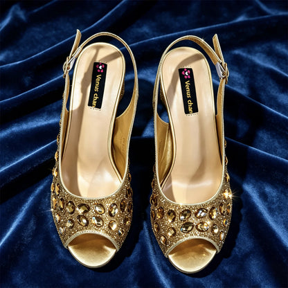 Venus Chan Elegant Gold Striped Peep Toe High Heels and Matching Bag Set – Rhinestone Decor for Parties and Weddings