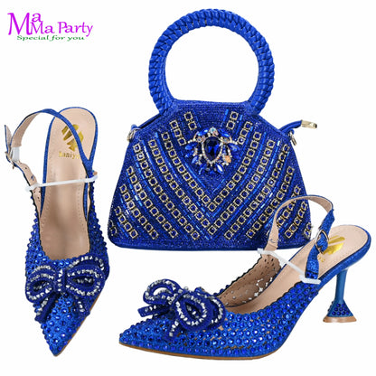 Gold Color New Arrivals Italian Design Nigerian Women Shoes and Bag Set Pointed Toe Slipper with Shinning Crystal for Party