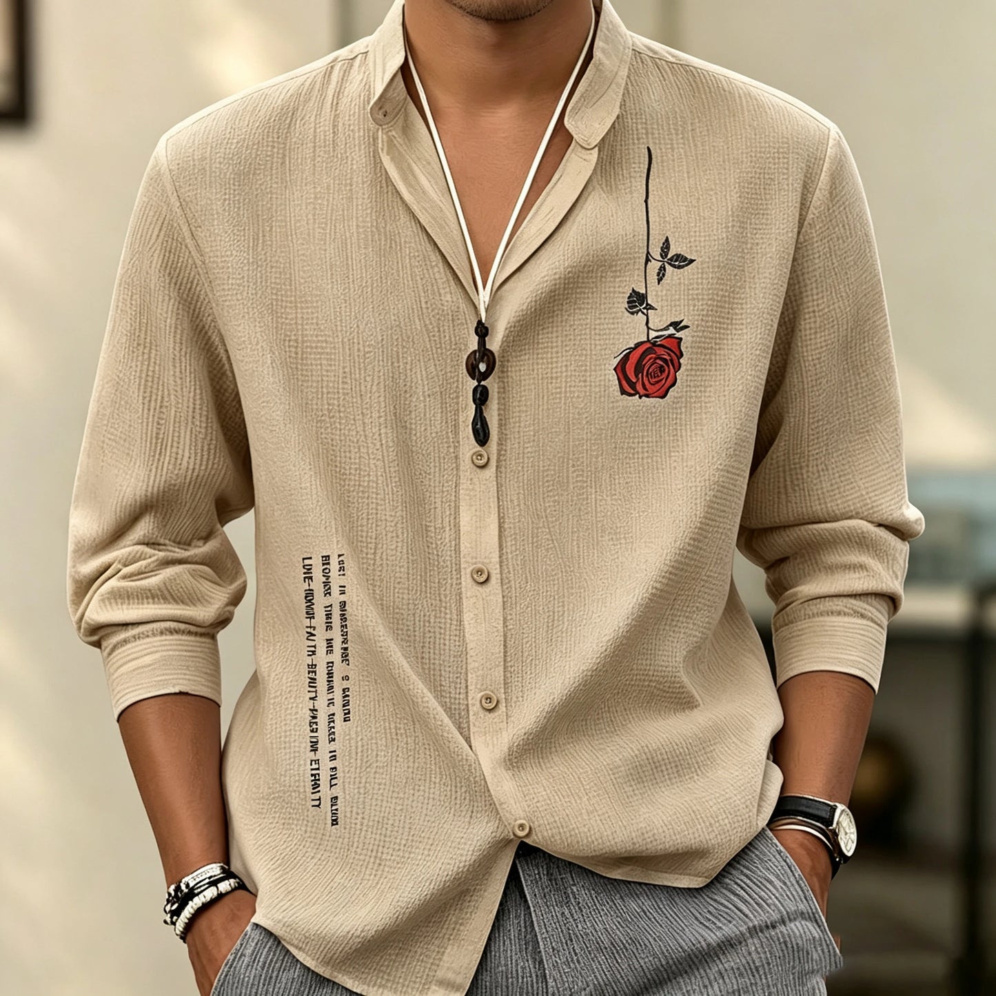 Men's stand-up collar three-quarter sleeve shirt, short print breathable shirt, loose-fitting cardigan for summer vacation.