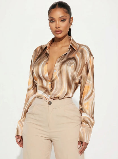 Plus Size Women's Swirl Pattern Button Up Shirt, Long Sleeve Point Collar Loose Fit Blouse