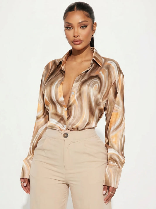 Plus Size Women's Swirl Pattern Button Up Shirt, Long Sleeve Point Collar Loose Fit Blouse