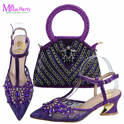 Gold Color New Arrivals Italian Design Nigerian Women Shoes and Bag Set Pointed Toe Slipper with Shinning Crystal for Party