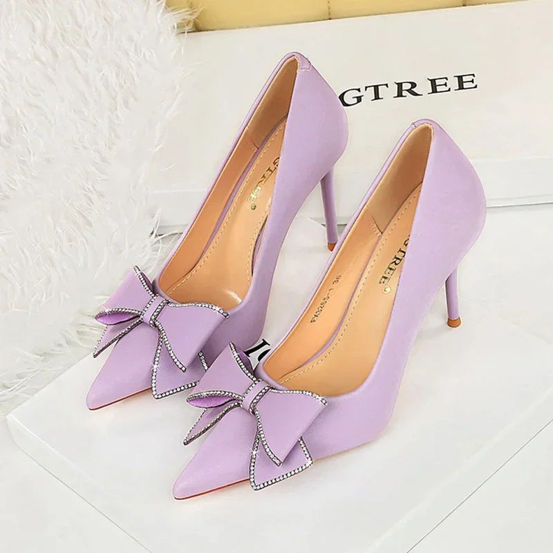 BIGTREE Fashion Korean Version 10cm High Heels Pumps Silk Shallow Pointed Toe Crystal Butterfly BowKnots Lady Red Purple Shoes