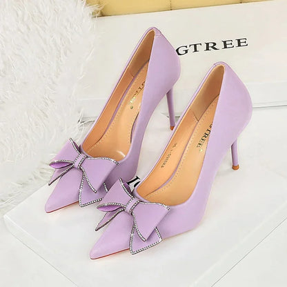 BIGTREE Fashion Korean Version 10cm High Heels Pumps Silk Shallow Pointed Toe Crystal Butterfly BowKnots Lady Red Purple Shoes