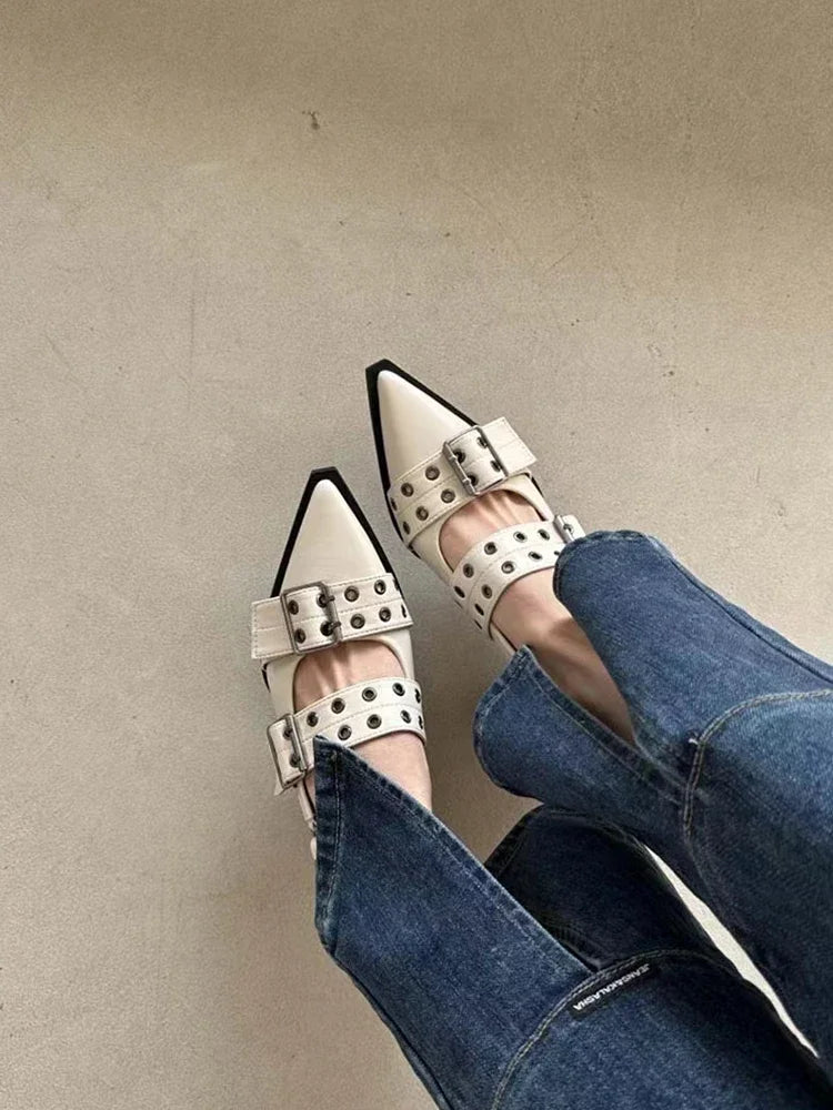 Women's New French Style Pointed Toe Mary Jane Shoes Retro Medium Thick Heel Shoes for Women with Skirts and Small Leather Shoes
