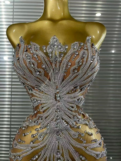 Shining Sequins Women Sexy Strapless Mesh See Through Bodycon Mini Dress Nightclub Party Celebrate Birthday Stage Wear