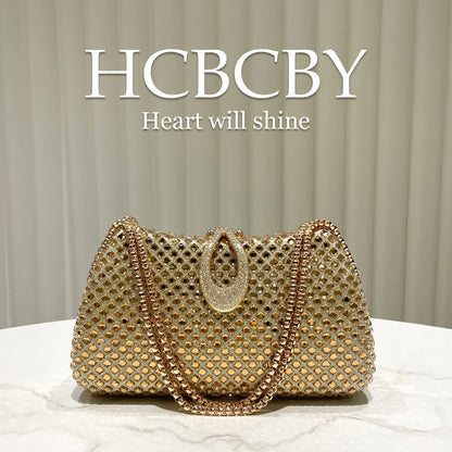 Gold sparkling luxury full diamond box dinner bag, women's fashion temperament high-end handbag clutch