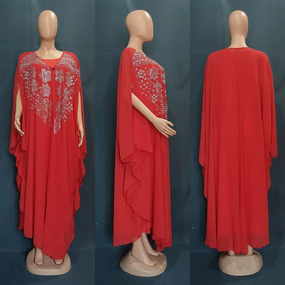 Muslim Dress for Women Loose Batwing Sleeved Beaded Long Abaya Dress Kaftan Abayas Islamic Robe Two Piece Set