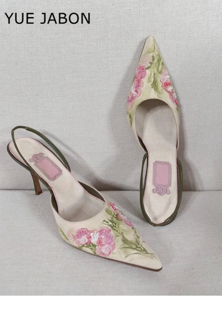 Flowers Embroidered Stiletto Heel Sandals Women Elegant High Heels Slingback Sandals China Embroider Pointed Toe Pumps Women
