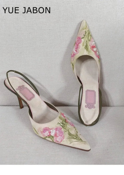 Flowers Embroidered Stiletto Heel Sandals Women Elegant High Heels Slingback Sandals China Embroider Pointed Toe Pumps Women