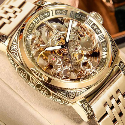 A MEN'S Black Zinc Alloy Business Style Luminous Carved Fully Automatic Tourbillon Hollow Mechanical Watch