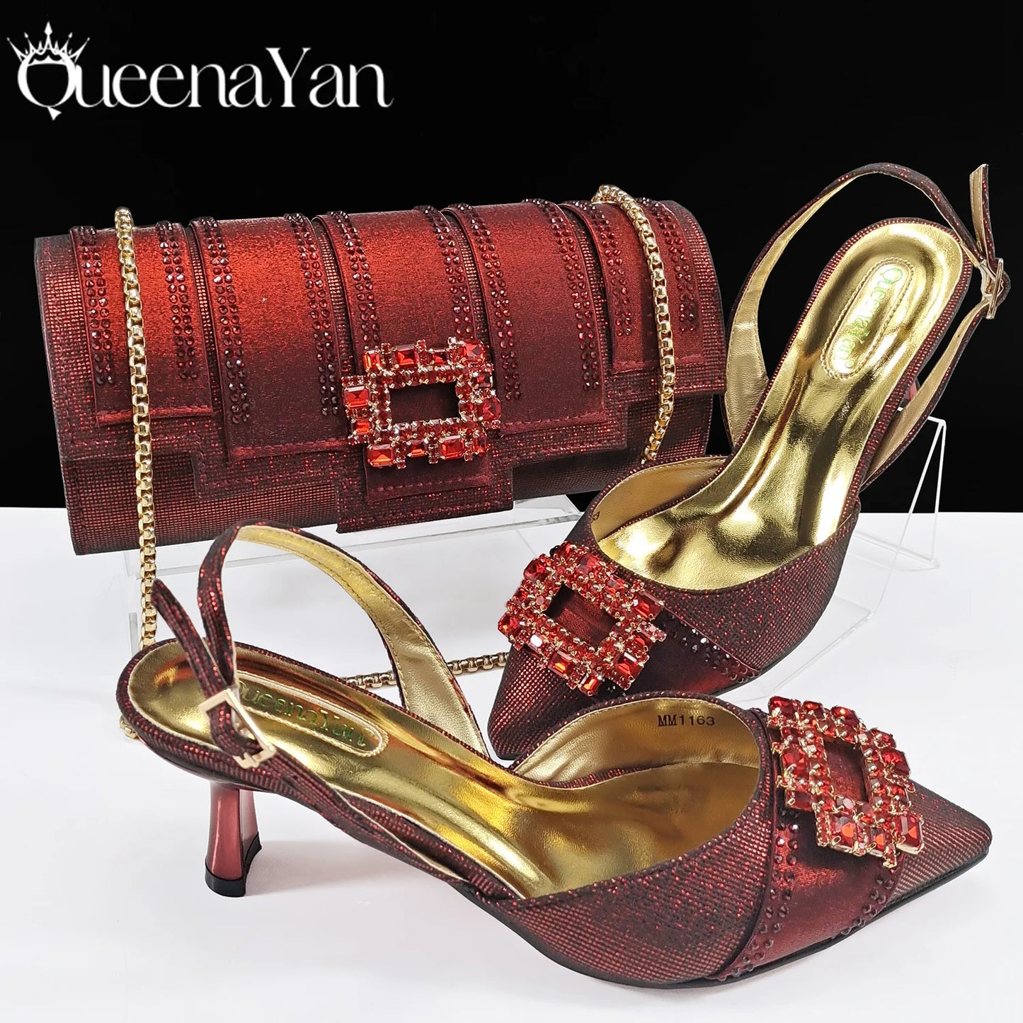 Queena Yan Nigeria Elegant Noble Party Wedding Shoes And Bag Pointed Toe Decorated With Rhinestone Women Heel Shoes